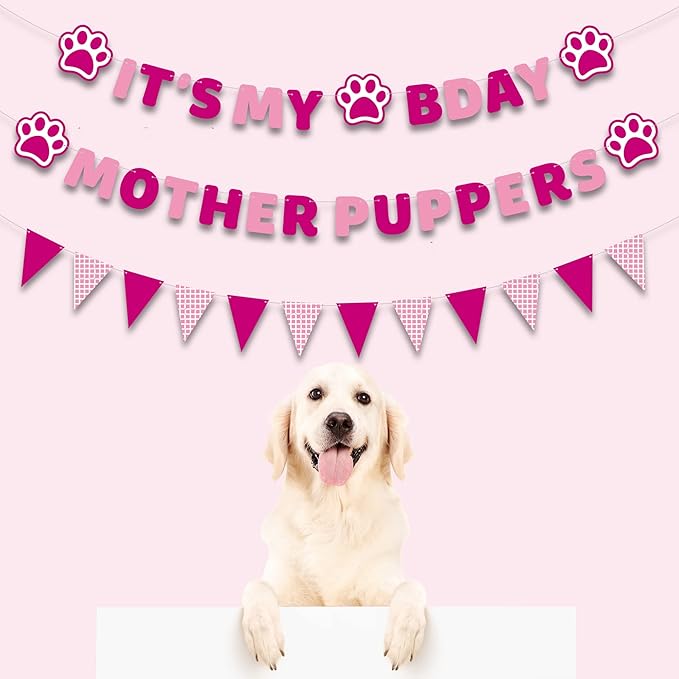 Vicycaty Puppy Dog Birthday Banner, Mother Puppers, It's My Bday, Pink Pennants, 98.43x16.69 inches Cardboard