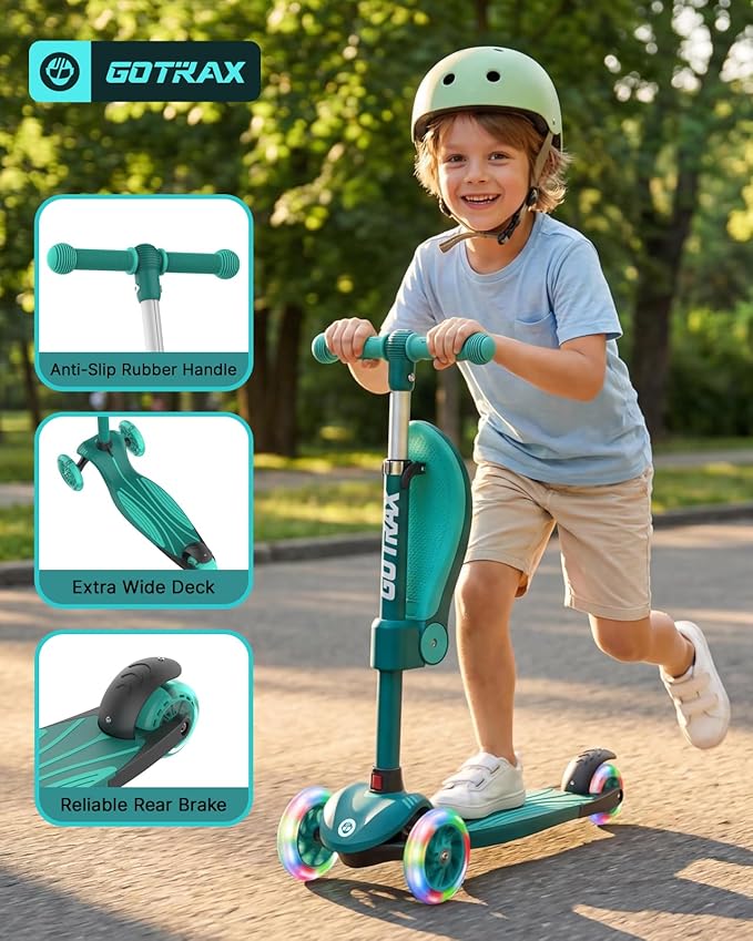 Gotrax KS3 Kids Kick Scooter, LED Lighted Wheels, Adjustable Height Handlebars and Removable Seat, Lean-to-Steer & Widen Anti-Slip Deck, 3 Wheel Scooter for Kids Ages 2-8 and up to 110 Lbs