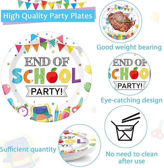 CHUNNIN 96Pcs End of School Party Paper Plates and Napkins Graduation Decorations End of School Graduate Disposable Dinnerware Tableware Set for 24 Guests Classroom Teacher Graduation Party Supplies