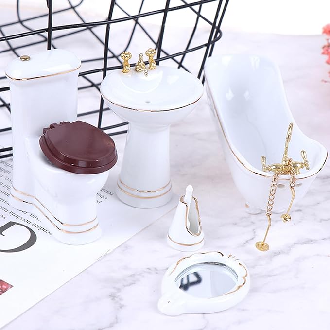 1:12 Dollhouse Miniature Porcelain Bathroom Set 5 PCS White Ceramic Toilet Basin Bathtub Mirror Miniature Furniture Doll Accessories for Bathroom Cake Topper Toy Fairy House Furniture Miniature Toys