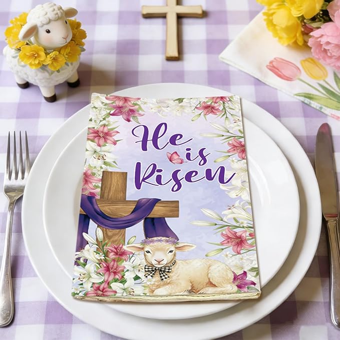 100Pcs Christian He Is Risen Easter Napkins - Easter Lamb Flowers Cross Party Napkins Spring Floral Theme Party Supplies Disposable Luncheon Dinner Napkins 7.8" x4.3" for Tea Party Kitchen Bathroom