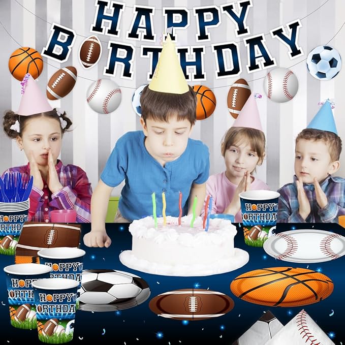 Sports Birthday Party Decorations-142Pcs Sports Theme Plates and Napkins Kit All Star Basketball Football Baseball Soccer Tableware Serves 20 Guests for Birthday Party
