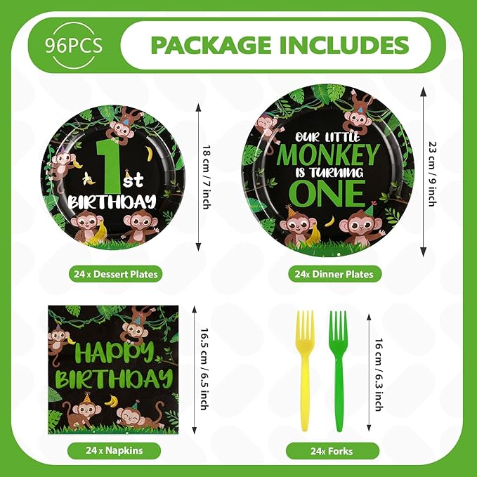 96Pcs Monkey 1st Birthday Party Decorations Our Little Monkey is Turning One Plates and Napkins Happy First Birthday Tableware Set for Wild Jungle Animal Theme Party Supplies Serves 24