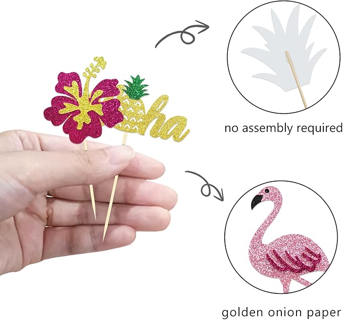 24Pcs Tropical Cupcake Toppers, Luau Cake Topper Aloha Cupcake Picks Pineapple Flamingo Cupcake Decorations for Hawaiian Luau Theme Baby Shower Birthday Party Supplies (Aloha B)