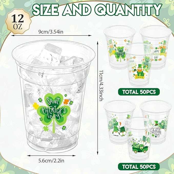 100 Pcs St. Patrick's Day Party Cups,12 oz St. Patrick Disposable Clear Plastic Cups Irish Green St Patrick's Day Party Lucky Clover Cups for St. Patrick Irish Birthday Party Irish Party Supplies
