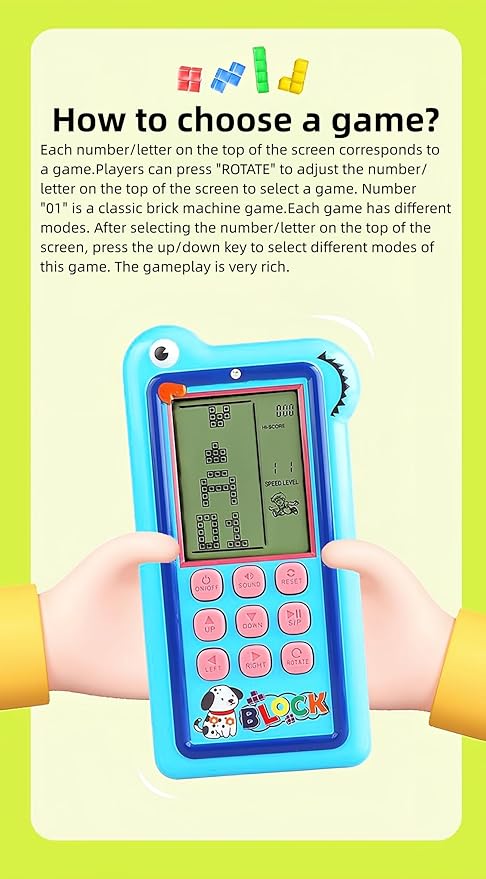 Cartoon Block Game Console Big Screen 23/26 Bricck Game Dual Mode Silicone Buttons Dual Powered by Rechargeable Lithium Battery/AA Retro Handheld Portable Toy Children/Teens Gifts (Orange)
