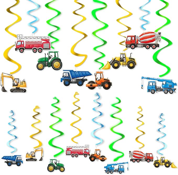 WERNNSAI Construction Hanging Swirls -24 PCS Construction Party Decorations Construction Zone Party Ceiling Swirls Dump Truck Foil Wall Ceiling Streamers for Boys Baby Shower Birthday Party Supplies