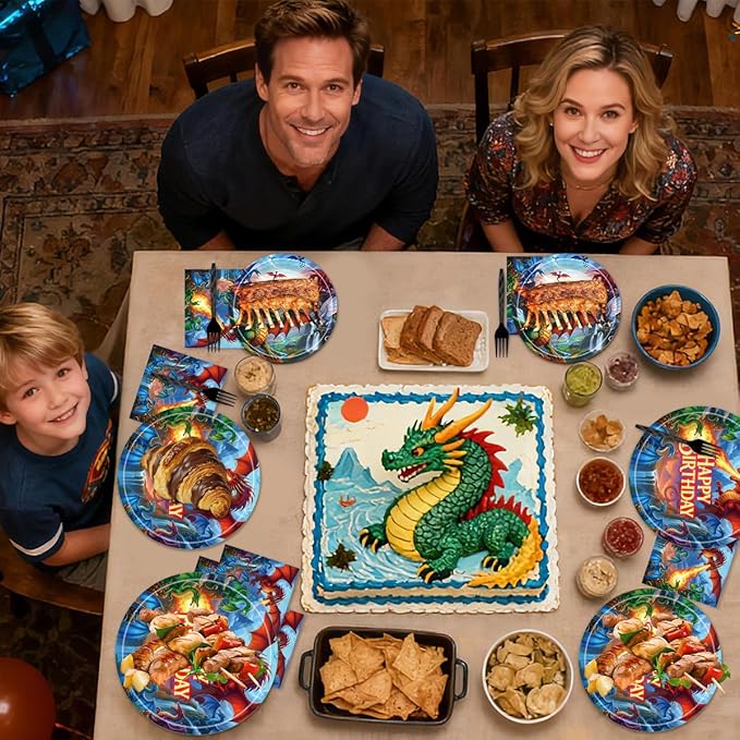 96Pcs Dragon Birthday Decorations Tableware Set - Dragon Happy Birthday Paper Plates Napkins Forks Magical Dragon Theme Party Supplies Serve 24 Guests