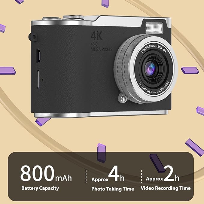 Denash Foldable Screen Kids and Beginners Camera,4K Digital Camera for Photography,48MP Digital Foldable Support 16X Zoom with Flip Scree (Black)