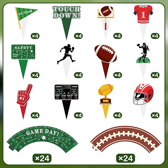48 Pack Football Cupcake Toppers and Wrappers, Football Rugby Go Team Cake Decoration for Football Theme Birthday Party Sports Game Day Party Supplies