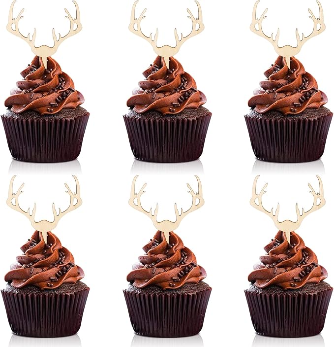 Huray Rayho Antler Cupcake Toppers Wooden Deer Cake Picks Decorations Baby Shower Wedding Hunting Boho Rustic Country Birthday Theme Party Supplies Qty 24
