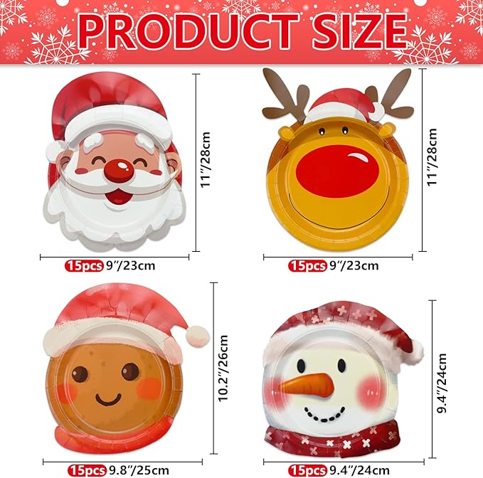 60 Pcs Christmas Plates, Including Gingerbread Santa Snowman Reindeer Plates for Merry Christmas Decorations Xmas Winter Holiday Party Supplies
