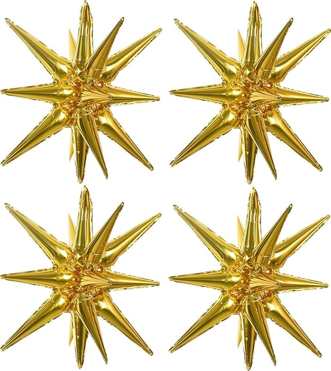 TONIFUL 4 Pcs 22inch 4D Huge Gold Star Balloons Explosion Star Mylar Foil Balloons for Party Supplies Backdrop Christmas,New Year,Birthday, Wedding,Photo Booth Ornament