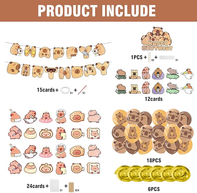 Capybara Theme Birthday Party Decorations, Birthday Party Supplies Decorations Set Include Banner, Balloons, Cake Toppers and Cupcake Toppers for Home Classroom Decor