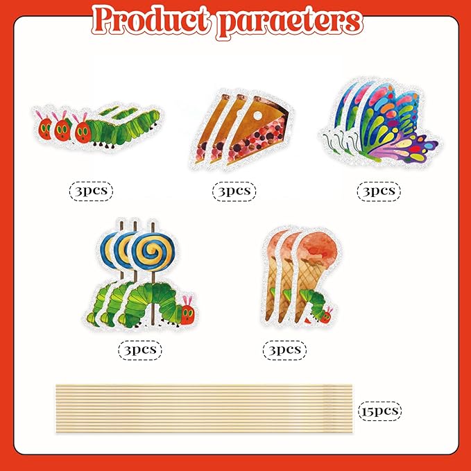 15PCS Hungry Caterpillar Party Decorations,Reading Story Theme Centerpieces Decorations Stick Table Toppers For Fairy Tales Birthday Party Baby Shower Party Supplies