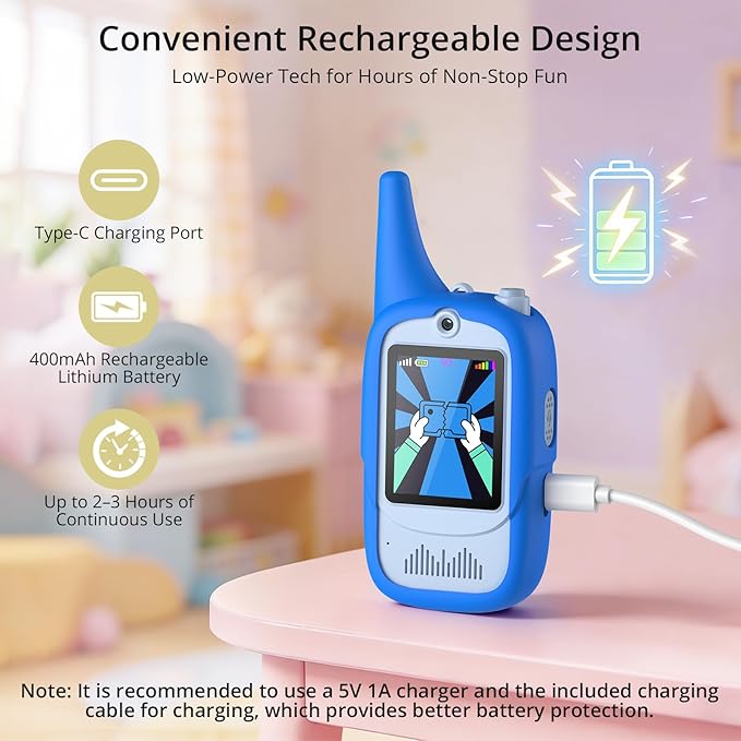 Anbte Video Walkie Talkies for Kids with Cute Silicone Case, 2 Pack Rechargeable Two Way Radios Toys for Boys Girls Age 3-8, Easy to Use, for Family Game Outside Camping Indoor Outdoor, Blue