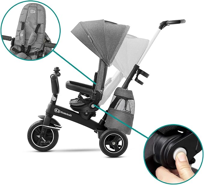 Kinderkraft EASYTWIST Trycicle for Kids Toddlers, Trike 5-in-1, Swivel seat 360° Rotation, Waterproof Material with UPF50+ Filter, Adjustable Parent Handle, Gray