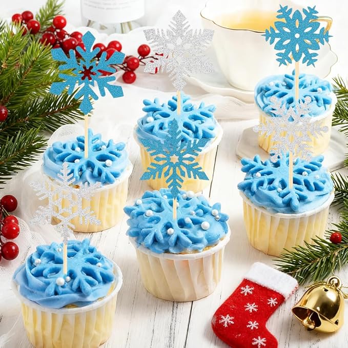 Snowflake Cupcake Toppers, 24PCS Glitter Winter Frozen Cupcake Picks Cake Decorations, Blue and Silver Snowflake Food Picks Topper for Christmas Winter Wonderland Baby Shower Party Decoration Supplies