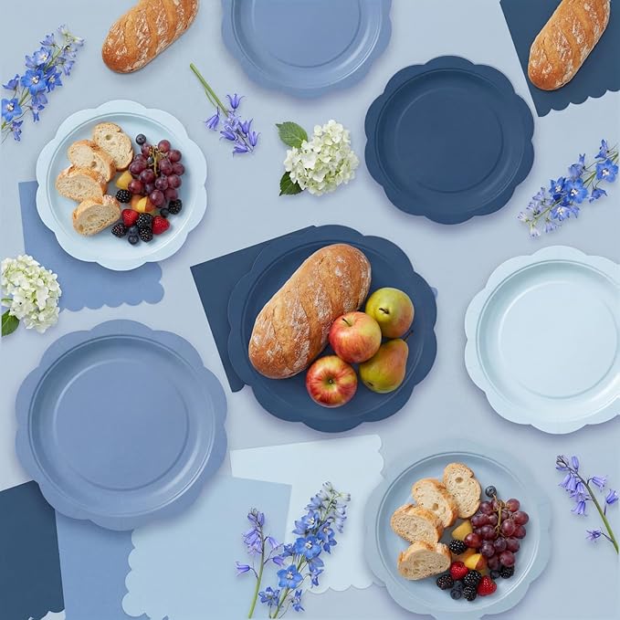 LemonRoad 100 Pcs Dusty Blue Paper Plates and Napkins and Plastic Tablecloth Set, Gradient Blue Disposable Dinner and Dessert Plates Tableware for Birthday Party Wedding Supplies Decoration