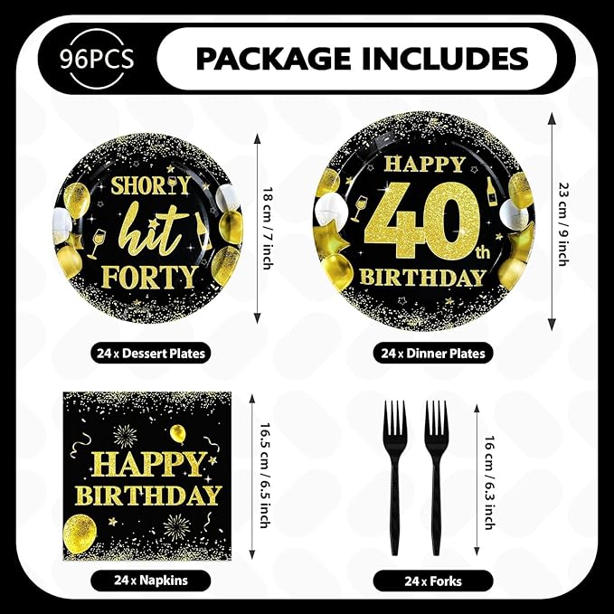 96Pcs 40th Birthday Party Supplies Black and Gold Shorty Hit Forty Plates and Napkins Gold Cheers to 40 Tableware Set for Women Men Happy 40th Birthday Party Supplies，Serves 24