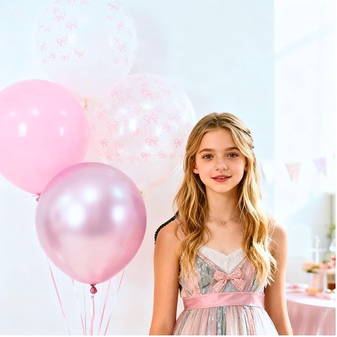 Bow Balloons, 50Pcs 12 Inches Pastel Light Clear White Pink Balloons for Girls Women Pink Birthday Party Bachelorette Bridal Engagement Bow Theme Wedding Anniversary Supplies