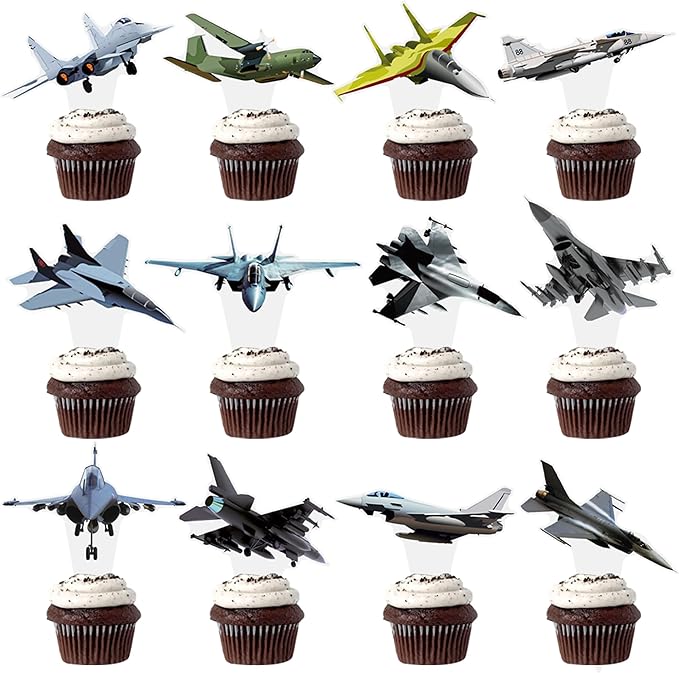 Airplane Cupcake Toppe 48PCS Fighter Jet Cake Decorations Fighter Pilot Birthday Party Decorations Aviation Aircraft Cupcake Picks for Military Theme Baby Shower Birthday Party Supplies
