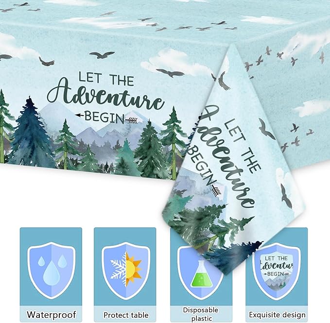 3 Pieces Adventure Awaits Tablecloths Let The Adventure Begin Tablecover Tree Mountains Woodland Table Covers Plastic Disposable Rectangle Tablecloth for Baby Shower Birthday Party Decor Supplies