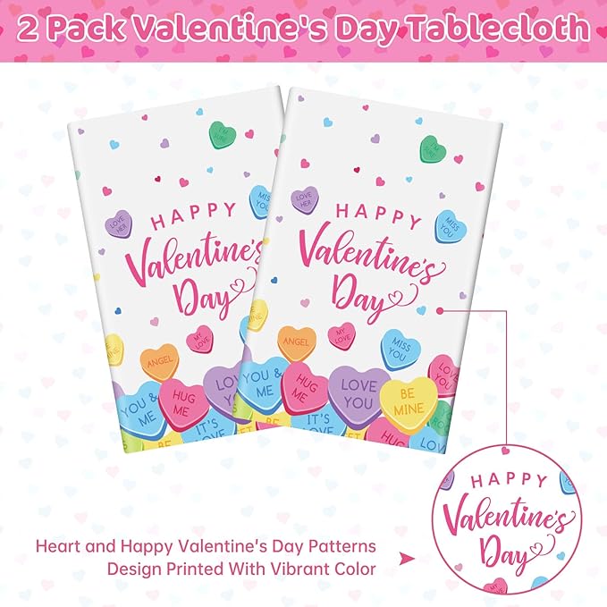 2 Pack Happy Valentines Day Tablecloth - Valentine's Day Tablecloths Plastic, Disposable Rectangle Colorful Love Heart Valentine Table Cloth Cover for Wedding Anniversary Party Decoration,54x108 Inch
