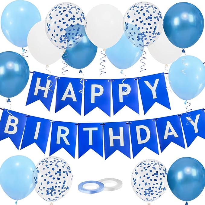 Happy Birthday Banner, Blue Birthday Decoration, 16 Pcs 12in Balloons with 2 Ribbons for Boys and Men Any Ages Party Decoration