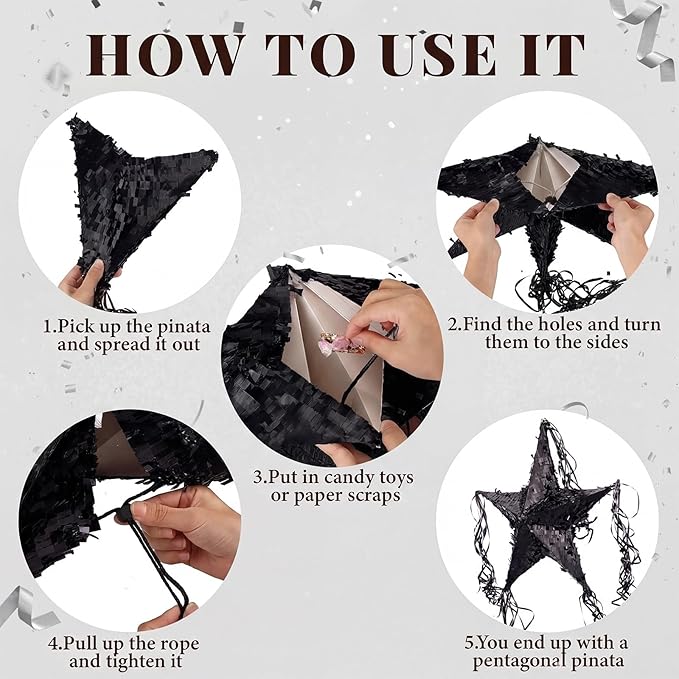 Hanaive Foil Star Piñata with Blindfold and Bat for Birthday Foldable Star Shape Piñata with Stick Festive Fiesta Party Supplies Favors for Mexican Party(Black)