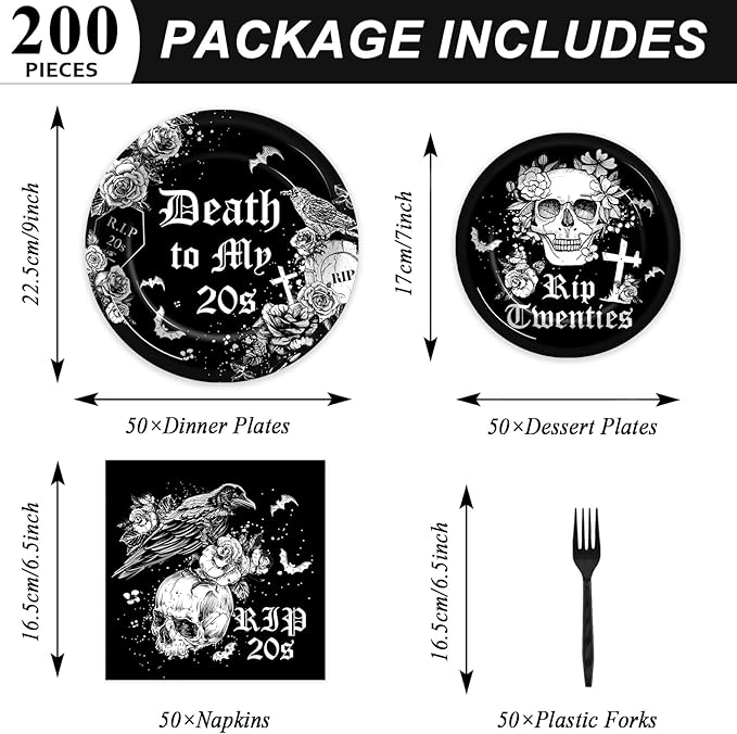 50 Guests 30th Birthday Plates and Napkins Party Supplies Death to My 20s Party Decorations Rip To My 20s Disposable Tableware Set Death To My Twenties Dinnerware Favor for Men Women, 200PCS