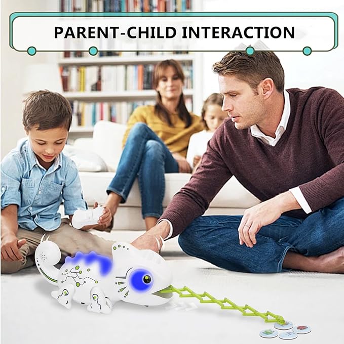 Interactive Remote Control Chameleon Simulation Toy for Kids - 2.4GHz RC Reptile with 5 Sound Effects, 12 Color Lights, Extending Tongue & Wagging Tail, Children Aged 3-12 Discovery Toys (White)