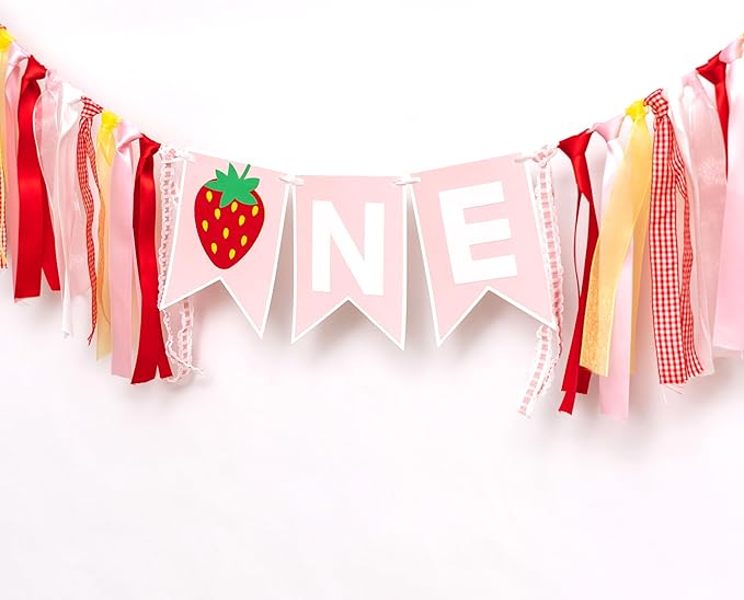 Strawberry First Birthday High Chair Banner - Berry Themed Party Decor, 1st Birthday Party Supplies For Baby Girls And Boys, Strawberry Themed Banner, Photo Props