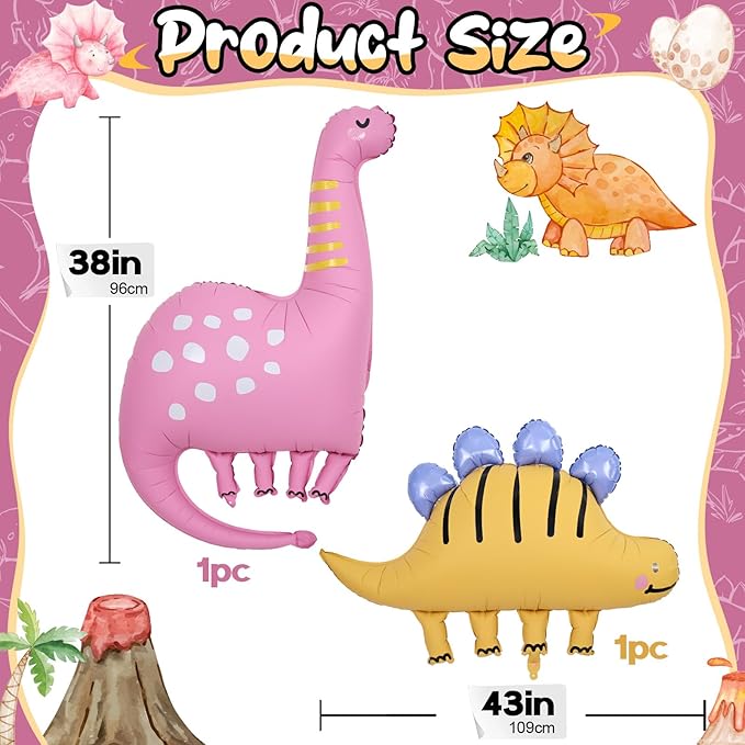 Giant Dinosaur Foil Balloons, 38-43 Inch Big Cute Pink Yellow Dinosaur Helium Inflatable Foil Balloon for Girls 1st 3rd Dino Theme Birthday Baby Shower Kindergarten Jungle Party Decorations Supplies
