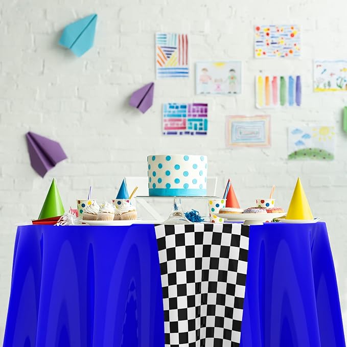 Oudain 3 Pcs Cars Birthday Party Supplies Racing Party Decorations Round Racing Tablecloth Checkered Flag Table Covers Road Plastic Table Cloth, 1950s Disco Dancing Party Tablecloth (Dark Blue)