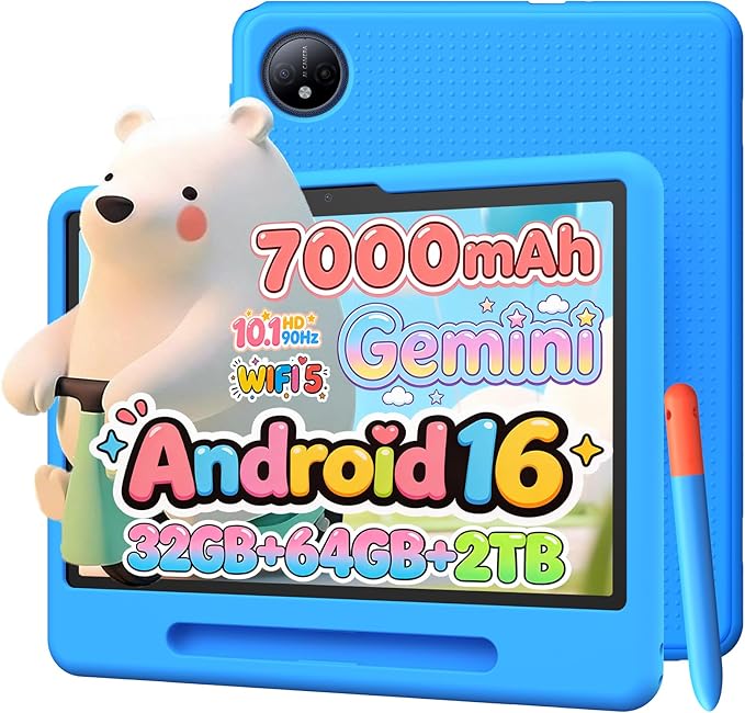 P10 Kids Tablet for Ages 3-7, Android 16 Tablet, Gemini AI, 10 Inch Tablets, 90Hz, 32GB RAM+64GB ROM, 7000mAH, 5G WiFi, Face ID, Kids Tablets with case,Includes a Child Protective case and Pen