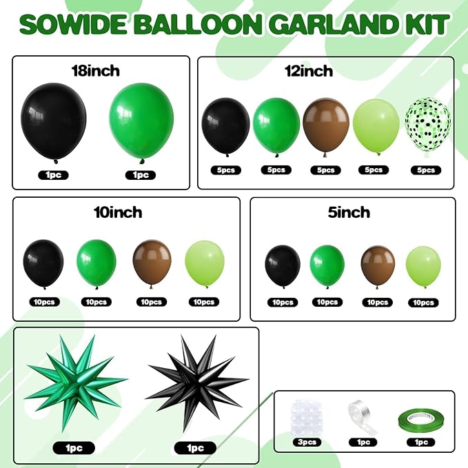 Green and Brown Balloon Garland Arch Kit,Brow Green and Black Balloons Garland Kit with 2pcs Star Foil Balloons for Video Theme Jungle Safari Game Party Baby Shower Graduation Birthday Decorations