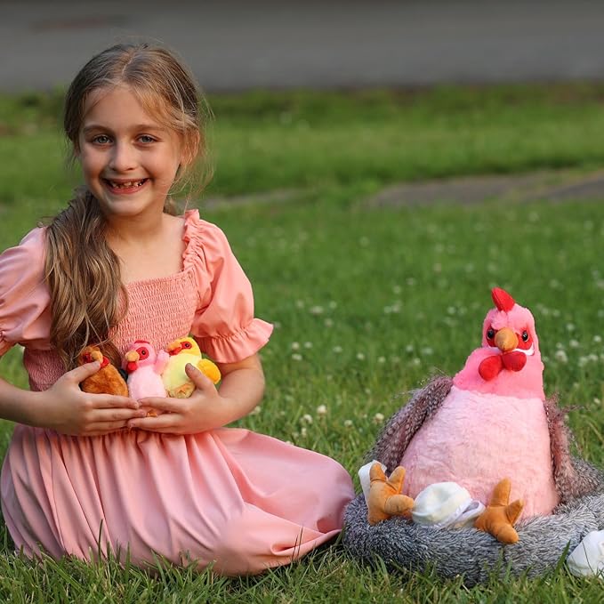 8Pcs Chicken Stuffed Animal, Stuffed Pink Hen with Little Baby Chicks and Coop, Plush Toys for Kids, Hit of Christmas Farm Party
