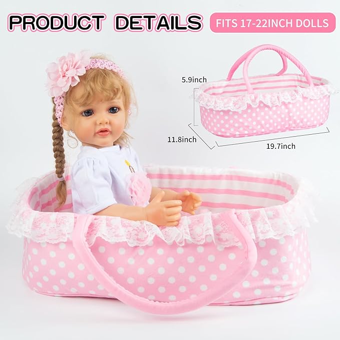 PEDOLLTREE Reborn Baby Dolls Clothes Girl Outfit Accessories Pink Tutu 7 Pcs Set for 17-22 Inch Reborn Doll Newborn Girl with Pink Dot Bassinet