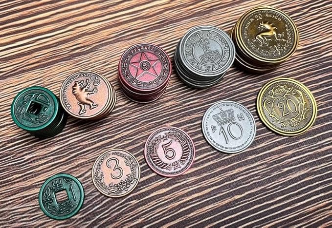 Stonemaier Games: Metal Coins (Scythe and Expeditions) | Metal Coins to Enhance Your Gameplay | 80 Coins with Unique Colors and Sides for Each Denomination - Values Include 1, 3, 5,10, and 20