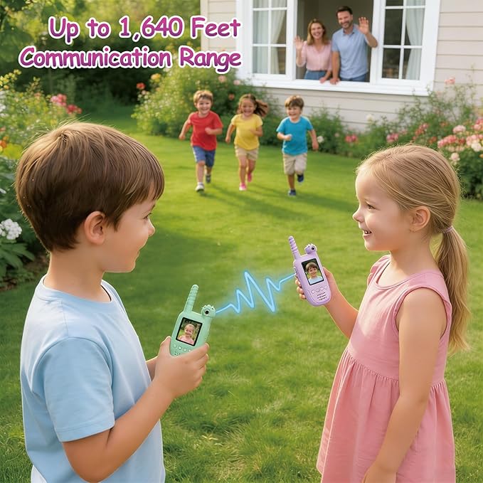 Kids Video Walkie Talkies 2 Pack, 180° Rotating Camera & Live Video Chat, Rechargeable Intercom Toys with 6 Voice Changers, Flashlight & 10 Fun Ringtones, Outdoor Toys for Boys Girls, Green & Purple