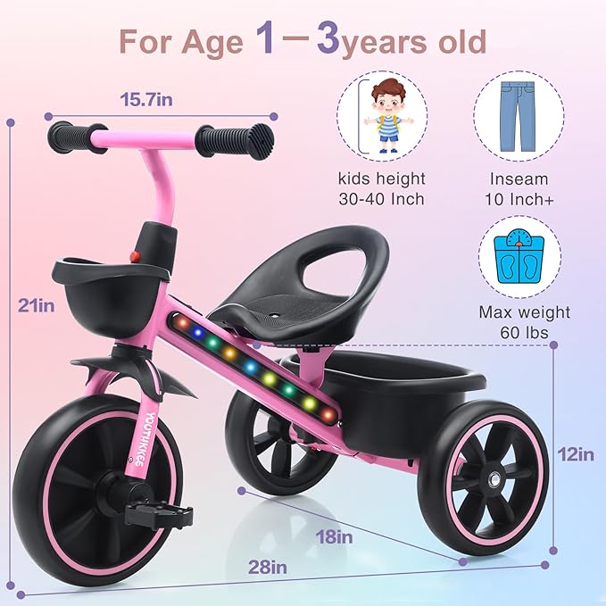 Kids Tricycle with Colorful LED Lights for Toddlers 1-3 Years, Stable 3-Wheel Design & Storage Basket for Fun Indoor Outdoor Ride, Gift for Baby Boy Girl