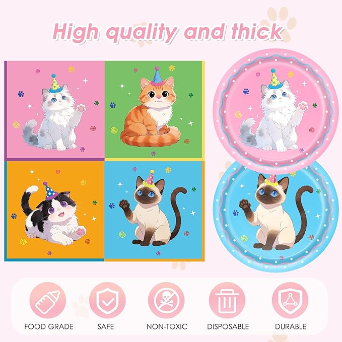 41Pcs Pet Cat Birthday Party Decorations,Colorful Kitten Birthday Plates and Napkins,Cat Party Table Covers Disposable Pet Dinnerware Decor Set for Girls' Kid’s Cats Themed Birthday Parties Supplies