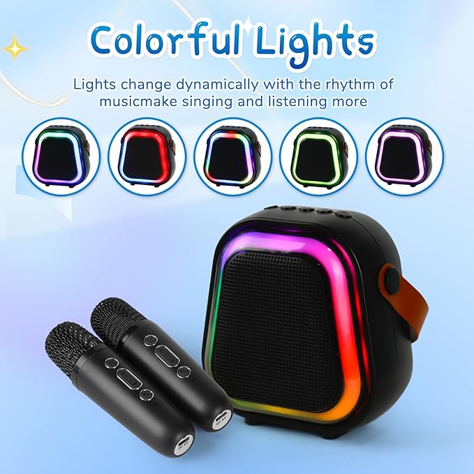 K269 Mini Karaoke Speaker with LED Lights, Portable Bluetooth Entertainment System with 2 Microphones, Dynamic Color-Changing Effects for Kids (Black+2 Mic)