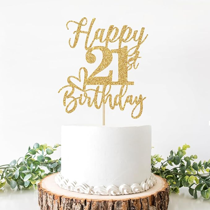 Gold Glitter Happy Birthday Cake Topper, Funny 21st Birthday Party Supplies