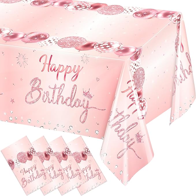 WNINK 4 Pack Pink & Rose Gold Happy Birthday Tablecloths, Disposable Plastic Rectangular Table Covers for 6th 21st 30th 40th 50th Women Girls Birthday Party 54 x 108 Inches