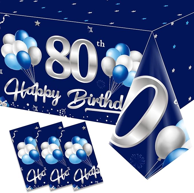 3 Pack Blue Silver 80th Birthday Tablecloth Decorations for Men, Navy Blue Happy 80 Table Cover Party Supplies, Eighty Years Birthday Disposable Rectangular Table Cloth for Indoor Outdoor