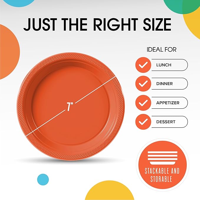 Exquisite Party Solids Orange Plastic Plates For Party Supplies 7" Orange Disposable Plates Heavy Duty 50 Pcs Plastic Dinnerware Sets Heavy Duty 350 GSM Disposable Dinnerware Set