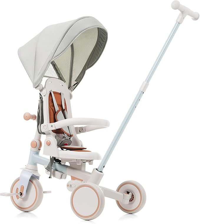 7-in-1 Baby Tricycle with Adjustable Parent Handle - Foldable Toddler Bike w/Removable Canopy & Guardrail, Aluminum Alloy Frame Stroller Bike for 1-6 Years Old (12-72 Months) (Blue)