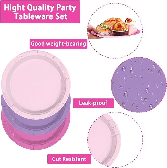 96Pcs Purple Pink Birthday Party Decoration Light Plates and Napkins Hot Pink and Purple Disposable Paper Tableware Set for Girls Birthday Bridal Baby Shower Wedding Party Supplies Serves 24